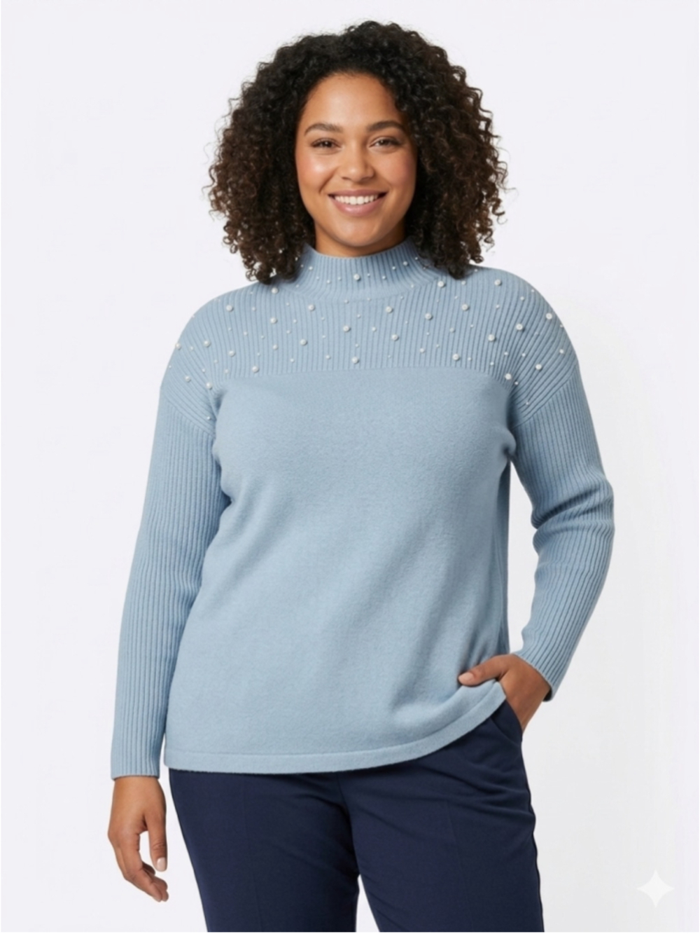 Melanie Lyne Blue Pearl Embellished Mock Neck Sweater XL Knit Pullover - 951